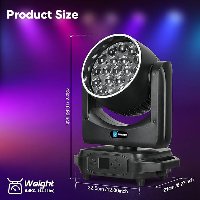 Big Dipper LED Moving Head Lights 19X15W Stage Lighting with Zoom/Wash/Beam Lights, RGBW Uplight Moving Head Light with RDM & DMX Moving Head DJ Light for Nightclub Professional Event Bars