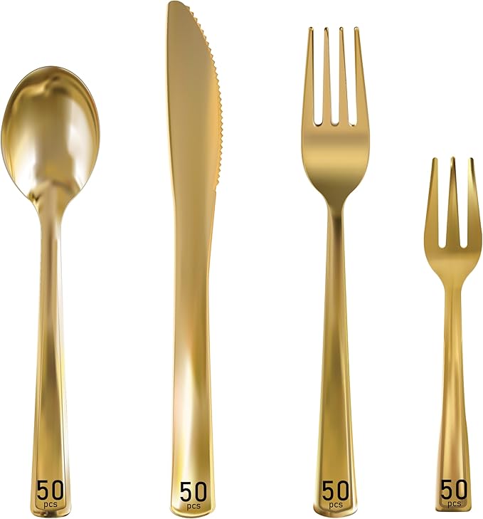 Neatiffy 200 Pcs Gold Plastic Silverware Disposable Cutlery Set, Includes 50 Forks, 50 Spoons, 50 Knives, 50 Medium Forks, Utensils Set for Catering, Parties, Dinners, Weddings