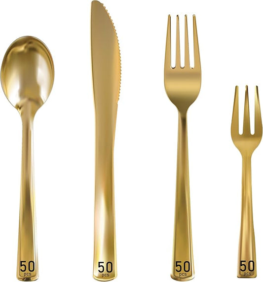Neatiffy 200 Pcs Gold Plastic Silverware Disposable Cutlery Set, Includes 50 Forks, 50 Spoons, 50 Knives, 50 Medium Forks, Utensils Set for Catering, Parties, Dinners, Weddings
