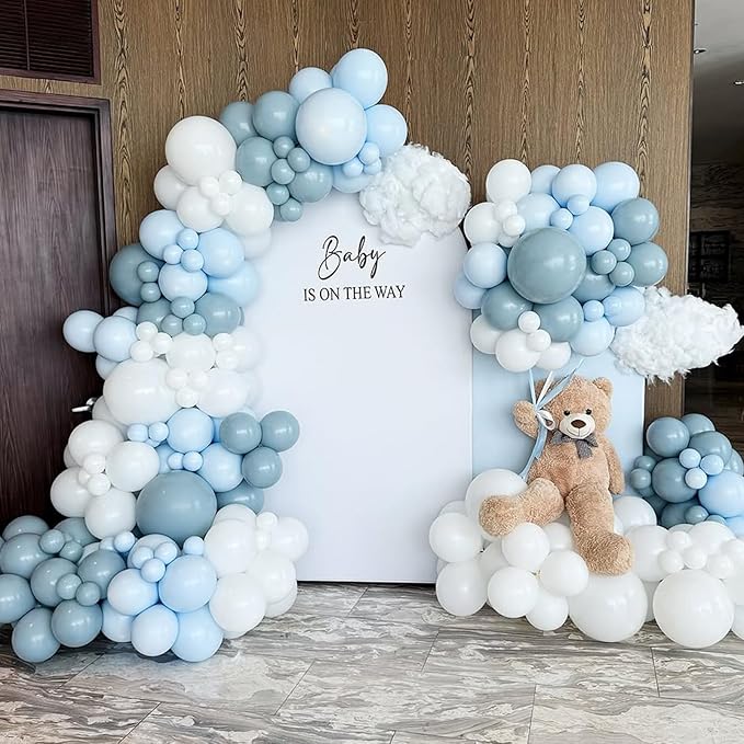 Dusty Blue Balloons, 60 Pcs 12 Inch Fog Slate Baby Blue Balloons with Matte White Latex Balloon for Baby Shower Birthday Bridal Shower Wedding Engagement Bachelorette Party Decorations Supplies
