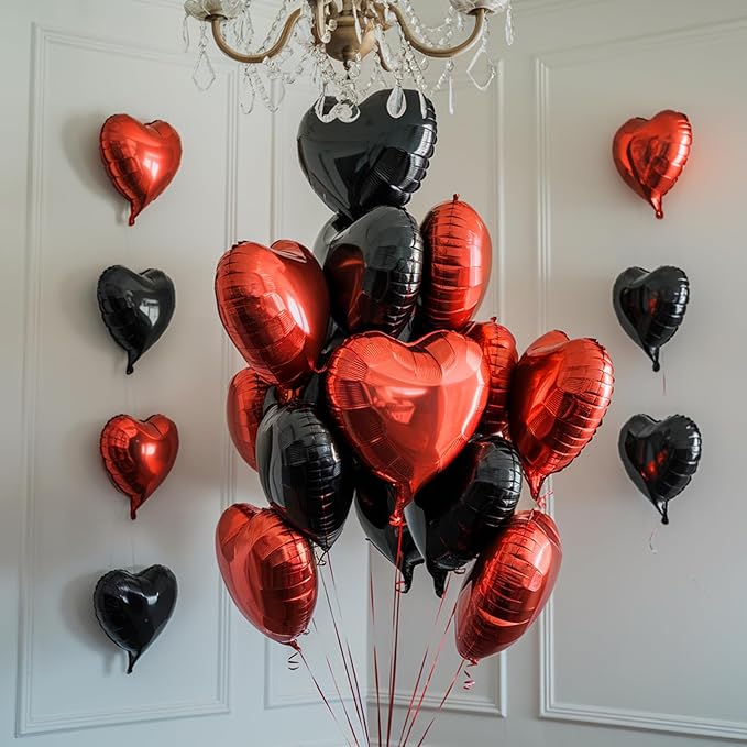 Red Black Heart Balloons, 19PCS Black and Red Heart Shape Balloon, 18Inch with 10Inch Black Red Helium Foil Love Heart Balloon for Birthday Bridal Shower Engagement Wedding Valentine Party Decoration