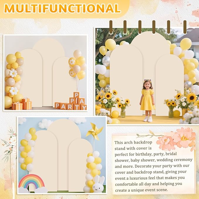 Arch Backdrop Stand and Cover Set 4&5&6ft Beige Arch Cover Set of 3 Metal Arches Backdrop Stand Wedding Arched Frame Gold Arched Backdrops Stand with Covers for Wedding Party Ceremony Decor