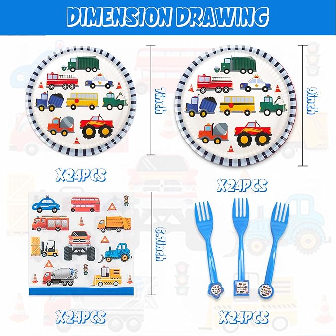 96Pcs Tansportation Party Supplies Traffic Cars Trucks Theme Tableware Set Plates Napkins Forks Serves 24 Guests Transport Vehicle Baby Shower Birthday Party Decorations