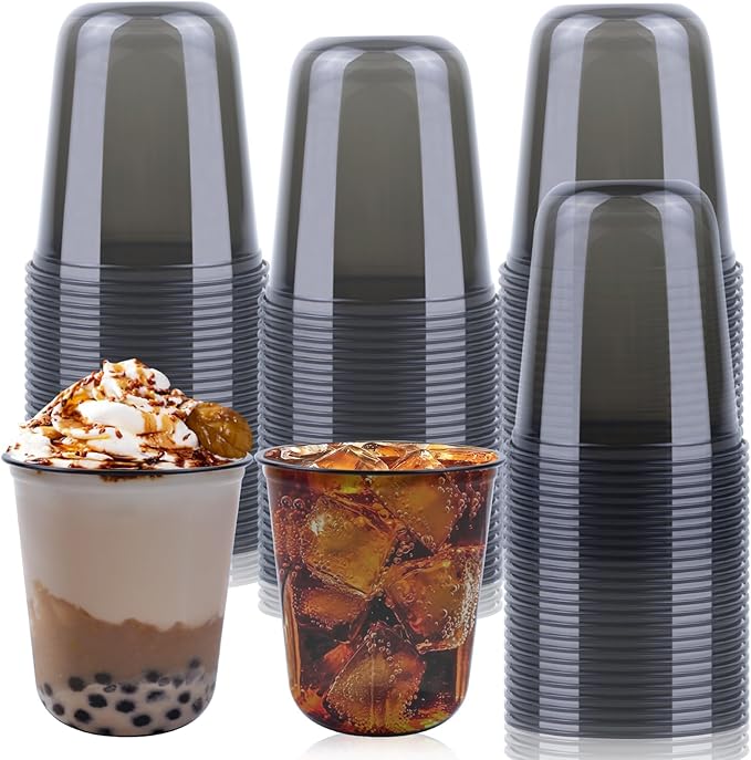 100 Pcs Disposable Stemless Glasses 12oz Plastic Cups PET Disposable Drinking Cups Cold Party Plastic Wine Glasses Classic Cup for Birthday Wedding Cocktail Halloween Christmas Party Supplies (Black)