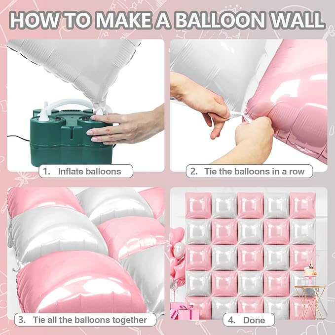 NISOCY 25PCS Pearl Pink and White Square Foil Balloons Wall Backdrop Double Sided Pink and Pearl White Balloons Arch Kit for Wedding Birthday Baby Shower Bride Girl Party Decorations