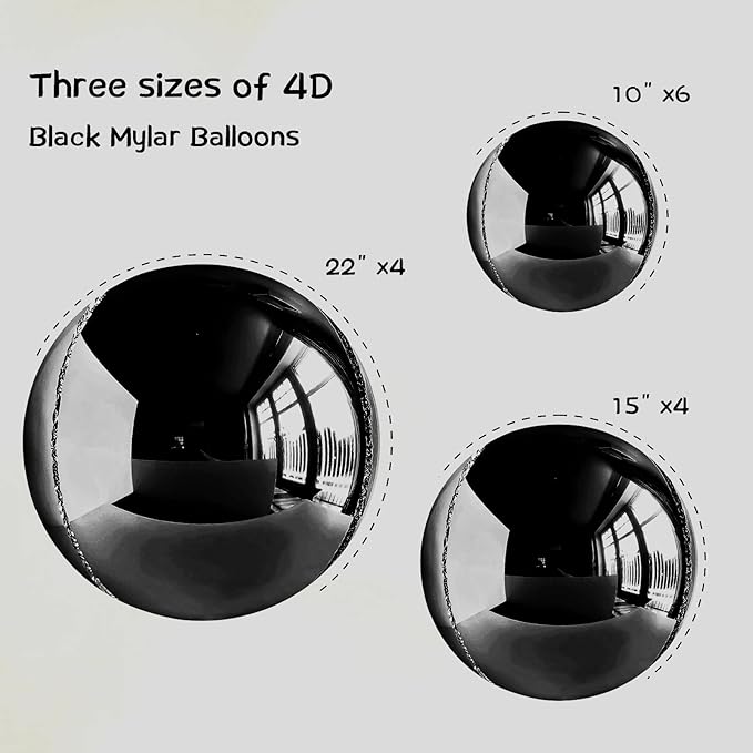 14pcs Black Foil Balloons Mylar Balloons 22in 15in 10in Black Different Sizes Large Metallic Chrome Balloons Decor| 360 Degree 4d Round Helium Large Balloon