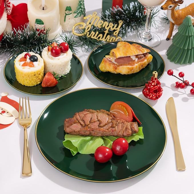 WDF 300Pcs Green Plates Disposable - Heavy Duty Green Plates - 50Guest Christmas Plastic Dinnerware Include 50 Dinner Plate, 50 Dessert Plate, 150 Cutlery & 50 9oz Cups for Christmas Parties