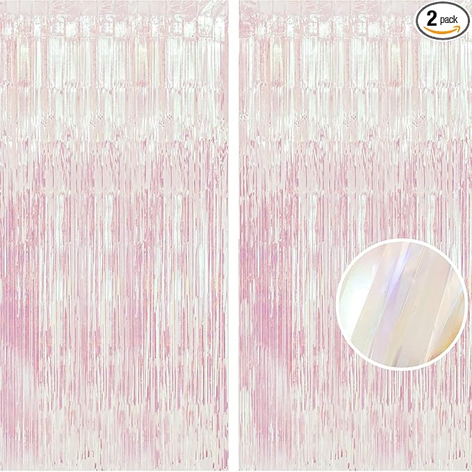 BRAVESHINE Party Decorations Iridescent Foil Fringe Backdrops - 2 Pack 3.2 x 6.5 ft Holographic Tinsel Photo Booths Pros Streamer Curtains for Easter Girl Birthdays Engagement Unicorn Parties - Clear