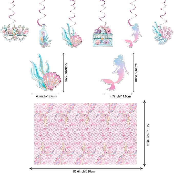 175PCS Mermaid Party Decorations, Mermaid Theme Party Supplies Plates and Napkins Set, Tableware,Banner, Hanging Swirls, Tablecloth, Balloon,Cake Cupcake Topper,Honeycomb Centerpiece Baby Shower