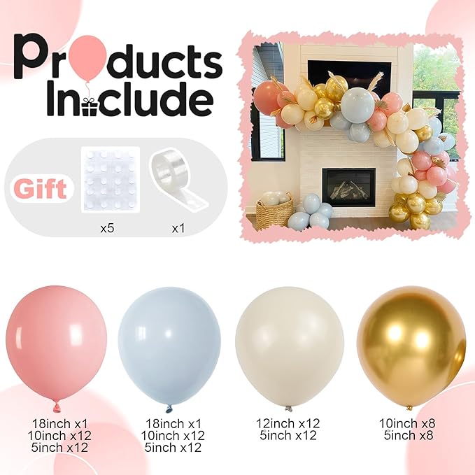 Gender Reveal Balloon Arch Garland Kit, Dusty Pink and Blue Balloons Metallic Gold Sand White Balloons for Gender Reveal Boho Bachelorette Birthday Baby Shower Bridal Bear Theme Party Decorations