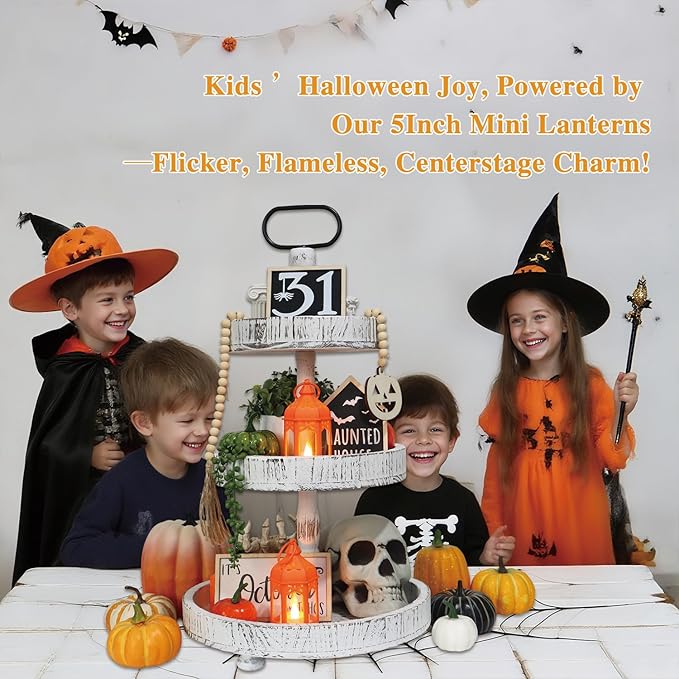 8 Pcs Mini Lantern with Flickering LED Candles, LLQ Orange Vintage Decorative Hanging Candle Lanterns for Halloween, Christmas, Wedding Decorations, Party, Table Centerpiece, Battery Included