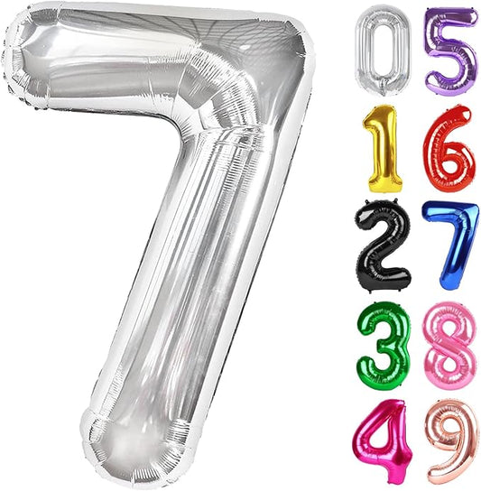Silver Number 7 Balloon 40 Inch, 7th Birthday Party Decorations for Children, Giant 7 Foil Balloon for Party Supplies