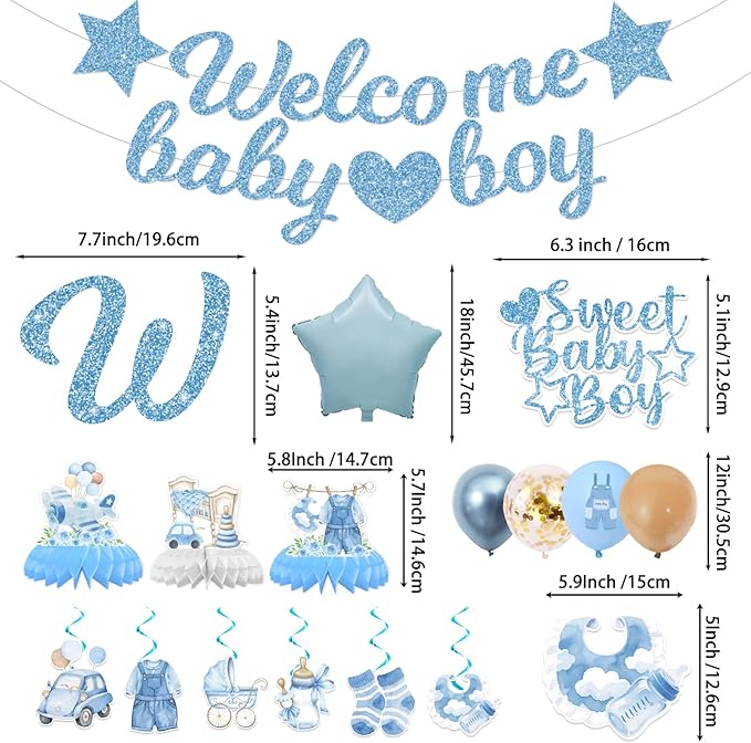 175PCS Blue boy Baby Shower Decorations Birthday Decorations Disposable Plates Napkins Set, Banner, Hanging Swirls, Tablecloth, Cake Topper, Balloon, Honeycomb Centerpieces Table Decorations