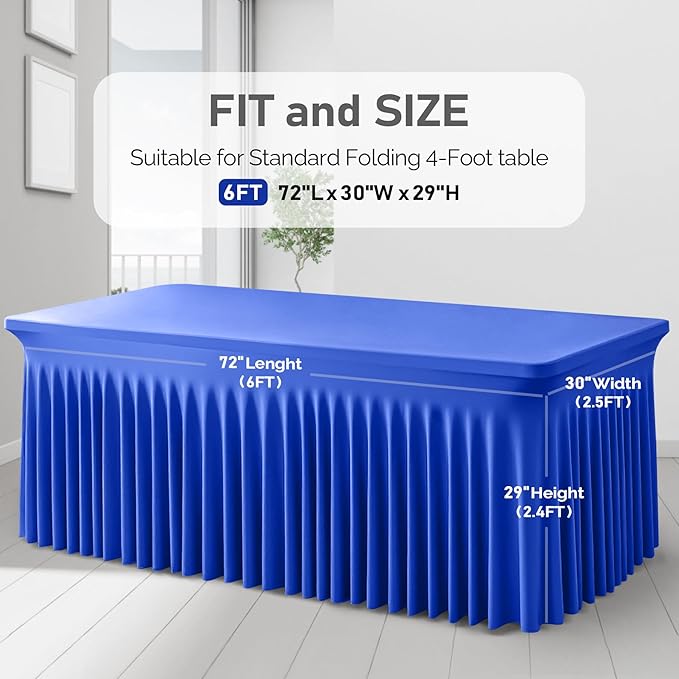 1 Pack Royal Blue Table Clothes for 6 Foot Rectangle Tables, One-Piece Wrinkle Resistant Stretch Spandex Table Covers with Skirt for Event Banquet Wedding Birthday Party
