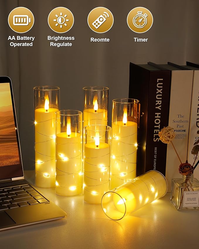 Enido 10 Pc Flameless LED Candles with Remote & Timer, Flickering with Embedded Star String for Cozy Home Decor Holiday Romantic Battery Operated Acrylic Pillar Set (Clear)