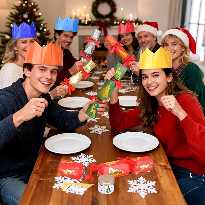 MOVINPE 8 Pack Christmas No Snap Party Table Favors, 10” Christmas Table Decorations with Scented Candles, Paper Crown, Joke Card, Traditions Holiday Family Dinner Gift Set