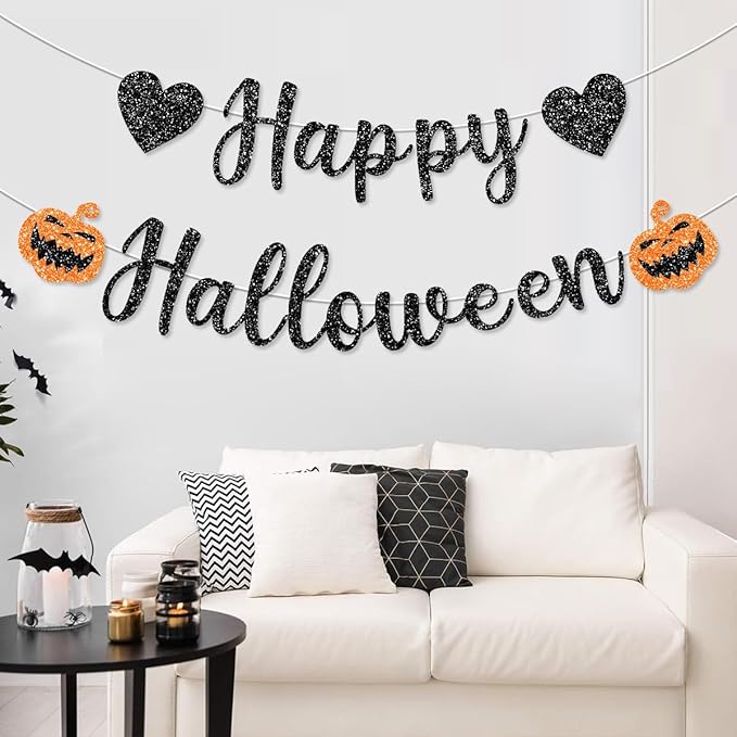 Pre-Strung Black Glitter Halloween Decorations Banner for Haunted House with Pumpkin Decorations Happy Halloween Mantle Home Party Decor Indoor Outdoor NO DIY