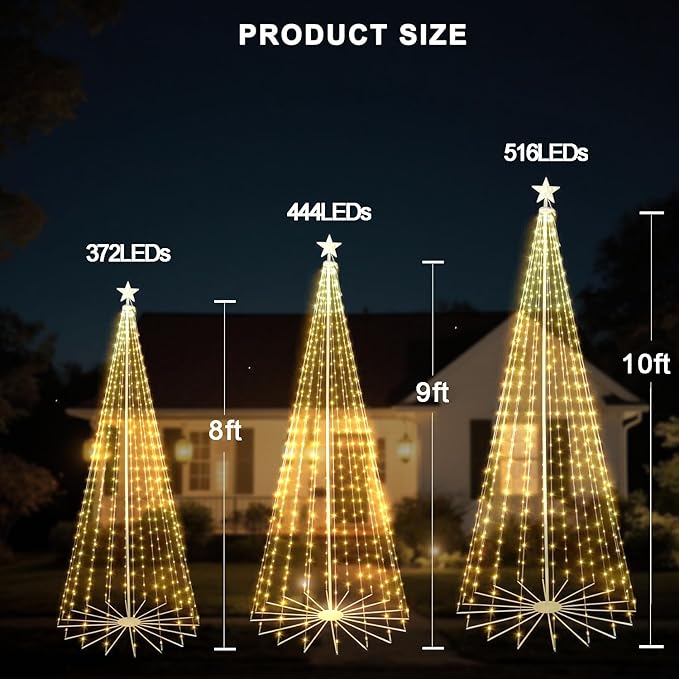 9FT 444LEDS Outdoor Christmas Tree Lights, Smart Cone Tall Pop Up with Star, Timer, Waterproof, APP & Remote, Music Sync, Multicolor/WarmWhite, Outside Xmas Yard Porch Decor