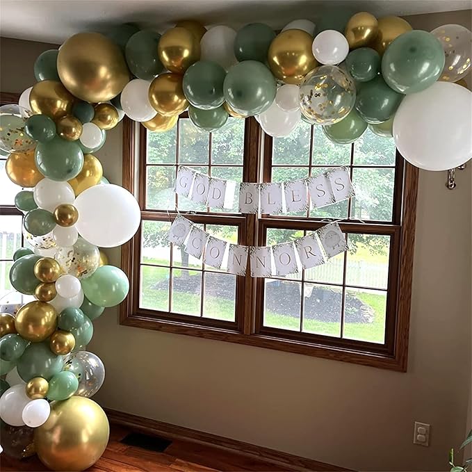 Sage Green and Gold Balloons, 12 Inch Olive Green White Metallic Gold Confetti Latex Balloons Set, Retro Green Gold Balloons for Girls Women Birthday Wedding Jungle Baby Shower Party Decorations