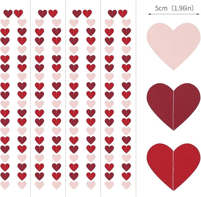 Pink Burgundy Red Party Decorations – 52Ft Paper Heart Garland Streamer Birthday Banner Engagement Bachelorette Mothers Day Wedding Anniversary Baby Bridal Shower Valentines Day Hanging Decor