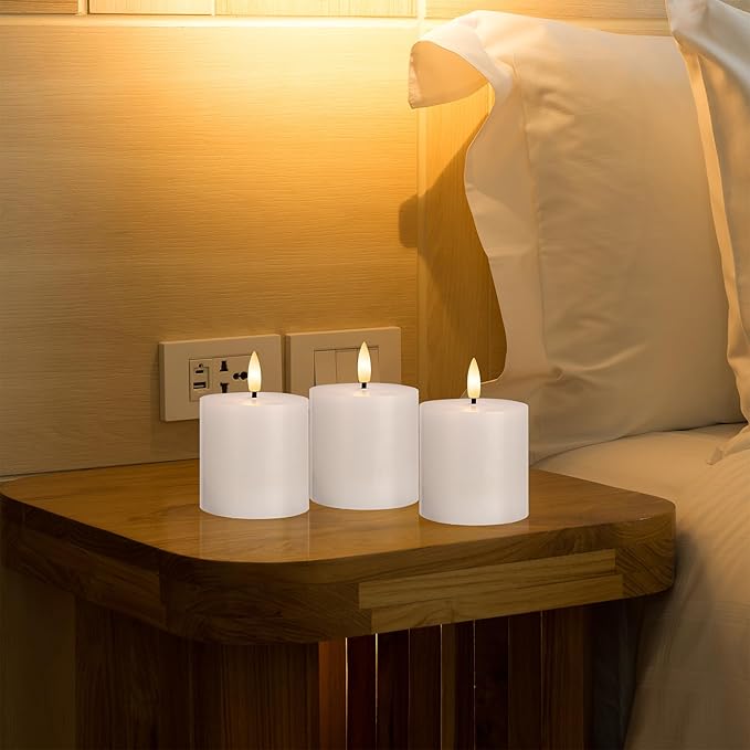 White Flameless Candles Set of 3 (3"x3") Battery Operated LED Pillar Candles with Remote and Timer, Real Wax Flickering Candles for Fireplace Bedroom Living Room Home Decor and Indoor Use