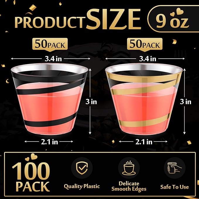 Gejoy 9 oz Rimmed Swirl Plastic Cups Disposable Wine Drinking Cups Clear Elegant Halloween Tumblers for Christmas Party Supplies(Black, Gold,100 Pcs)