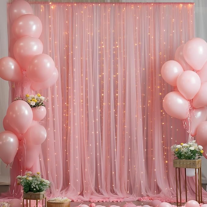 20ft x 10ft Dusty Rose Backdrop Curtain with Lights String for Parties, Sheer Tulle Wedding Photo Backdrops Drapes for Baby Shower Birthday Party Decorations Background for Photography