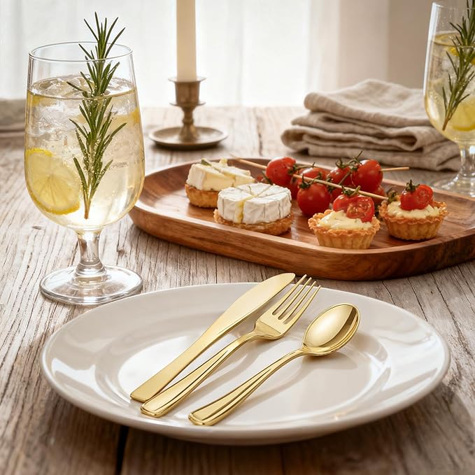 WDF 500PCS Gold Plastic Silverware Set Disposable - Gold Cutlery Set Plastic - 250Forks, 125 Spoons, 125 Knives for Thanksgiving Party, Birthday, Wedding