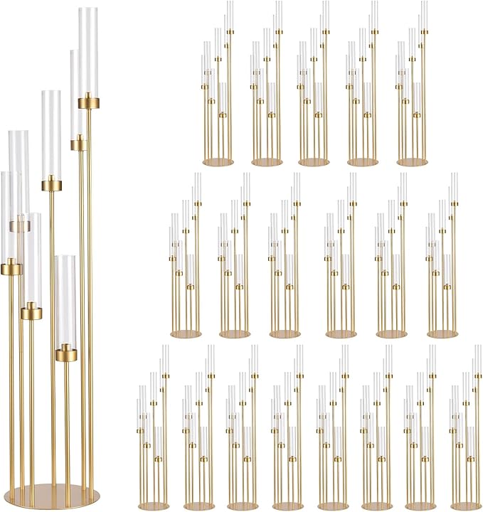 20Sets Floor Gold Candelabra Wedding Centerpieces for Tables,48" Tall Clear Candle Holders Taper Candlestick with Arcylic Lampshades for Birthday Christmas Party candelabros para centros de mesa