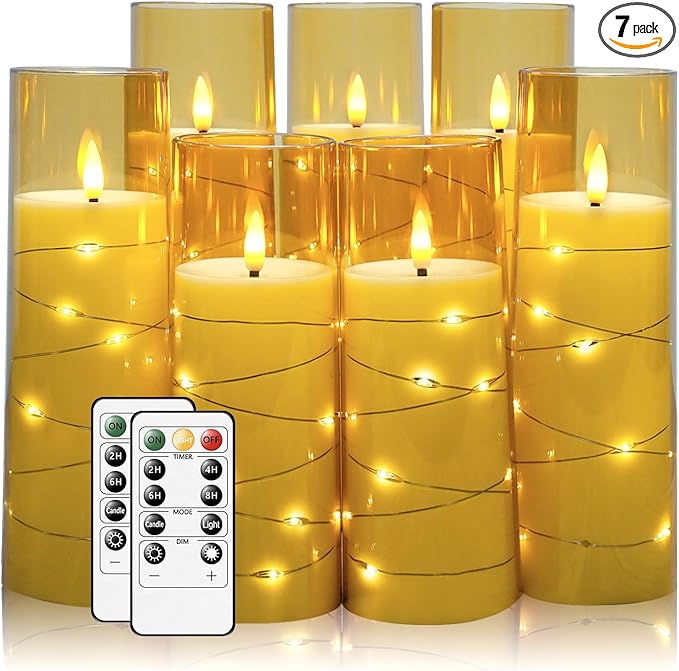 Flameless Candles,with Embedded Star String, Battery Operated Candles Flickering LED Pillar Candles with Remote Control and Timer, Home Decoration Add a Warm and Romantic Atmosphere，Set of 7 (Gold)