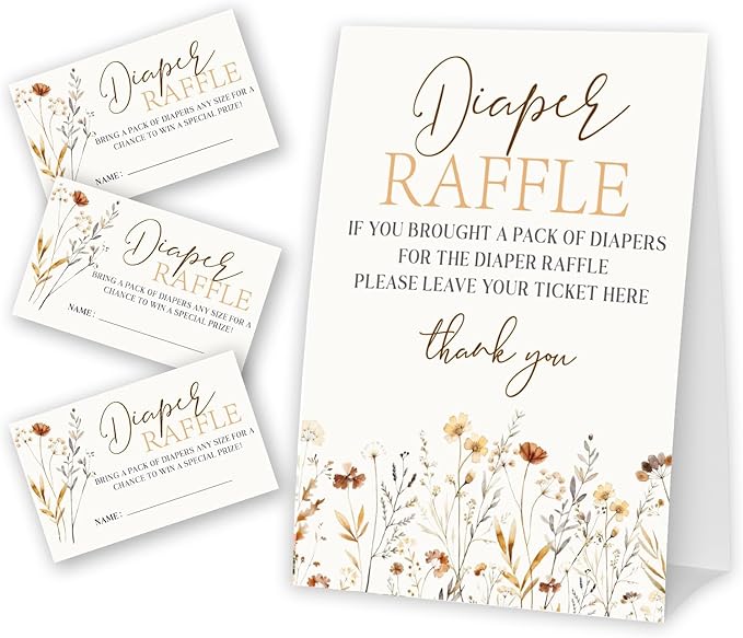 Wildflower Diaper Raffle Tickets and Sign, Thanksgiving Baby Shower Card Set (1 Sign and 50 Cards), Fall Floral Gender Reveal Party Favor Supplies -A16