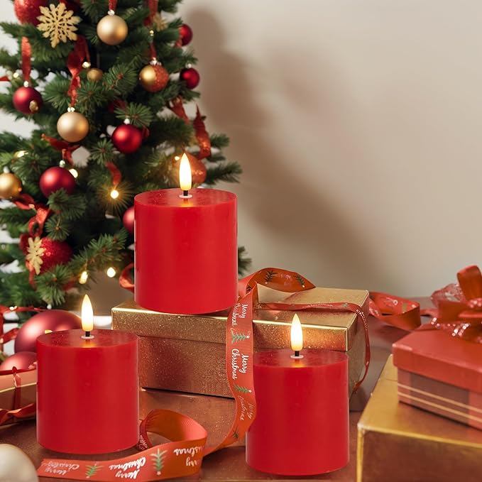 Red Flameless Pillar Candles Set of 3 (3"x3"), Battery Operated LED Candles with Timer and Remote, Real Wax Flickering Light for Christmas Decorations, Romantic Dinner or Holiday Gift