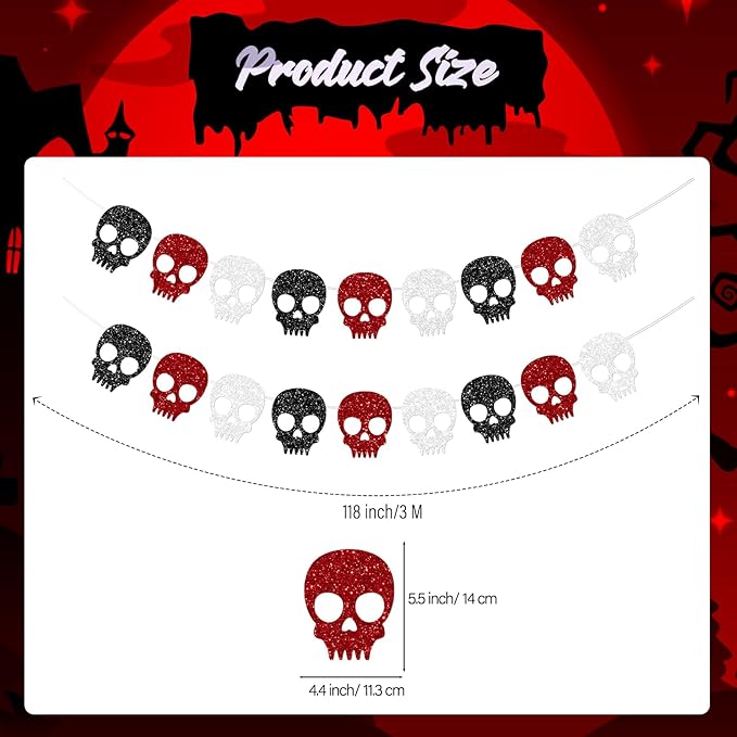 2PC Black/Silver/Red Skull Garland for Halloween Party Decorations Glitter Skull Banner for Gothic Birthday Decorations Supplies