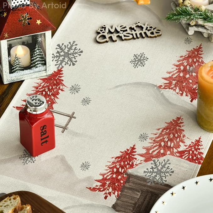 Artoid Mode Xmas Trees Let It Snow Red Snowman Christmas Table Runner, Seasonal Winter Holiday Kitchen Dining Table Decoration for Home Party Decor 13x72 Inch