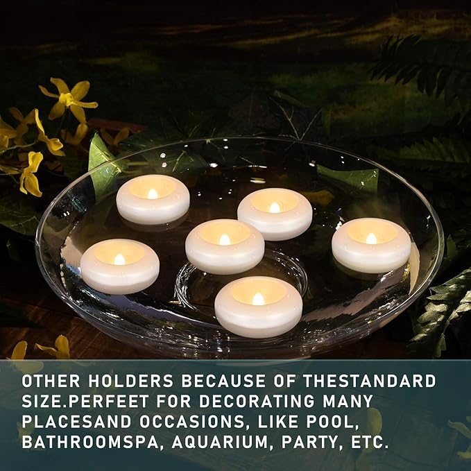 Set of 48 Waterproof Flameless Floating Tealights, 120+ Hour Warm White Battery Flickering LED Tea Lights Candles - Wedding, Party, Centerpiece, Pool & SPA.