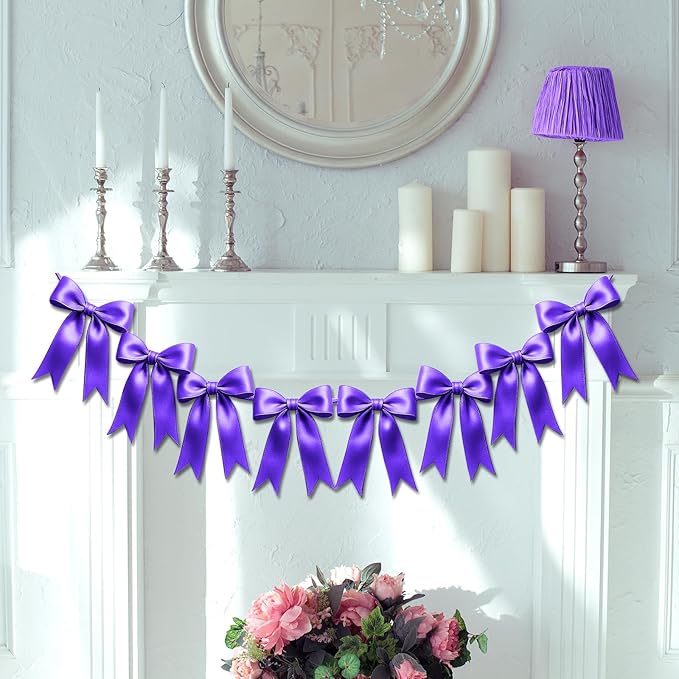 1 String of 8PCS Purple Bow Garland Banner Decoration,Pre-Strung Satin Ribbon Ornaments for Birthday,Bachelorette Party,Bridal Shower,Wedding,Engagement,Baby Shower,Graduation Decor,Anniversary
