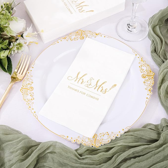 200PCS Gold Napkins - 3-Ply Mr and Mrs Napkin - Disposable Dinner Paper Napkins for Table Decorations, Ideal for Weddings, Showers, Engagement Parties