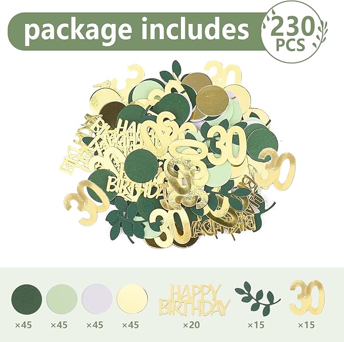 Sage Green 30th Happy Birthday Confetti, Table Decorations Green Gold Foil Scatter Cake Confetti for 30th Birthday Her Him Party Decor 230 Pcs