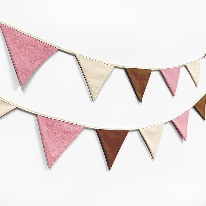 2 Sets of Brown Dusty Pink Beige Nursery Garland 24Pcs Linen Fabric Baby Banner Triangle Pennant Flags Streamers for Kids Girls Birthday Boho Baby Shower Party Decorations Baby Bedroom Nursery Decor
