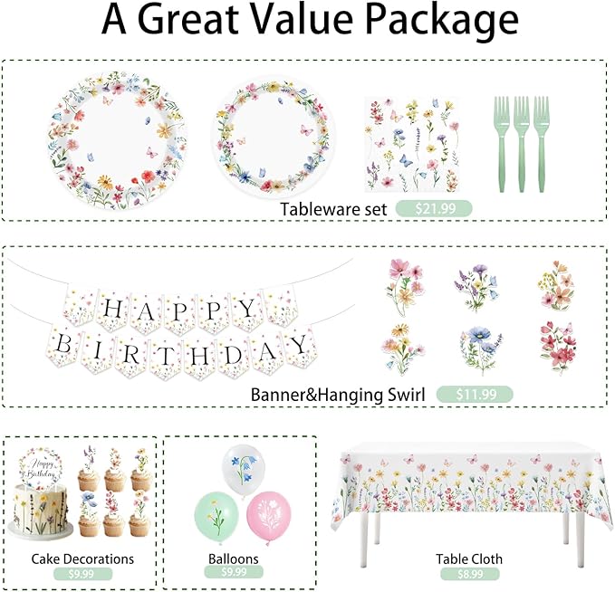 143PCS Spring Wildflower Party Supplies Birthday Decorations Plates Napkins Set, Banner, Hanging Swirls, Tablecloth, Cake Topper, Balloon,Floral Baby Shower, Serves 20