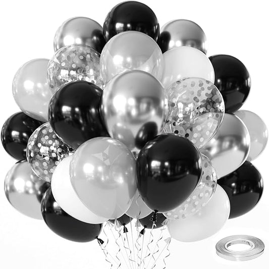 Black Silver Balloons Set,50pcs 12inch Metallic Silver Black White Pearl Silver Balloon with Confetti Latex Balloons for Birthday Wedding Graduation Anniversary Party Decorations