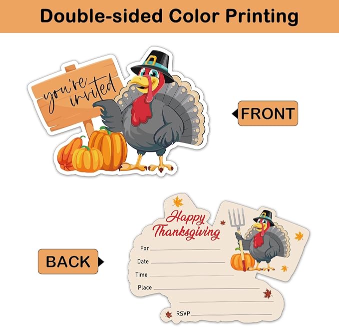 REWIDPARTY 20 Pack Thanksgiving Party Invitation Cards with Envelopes & Stickers, Thanksgiving Turkey Shaped Fill-in Invitations Fall Party Invites Cards Thanksgiving Party Supplies for Kids Adults