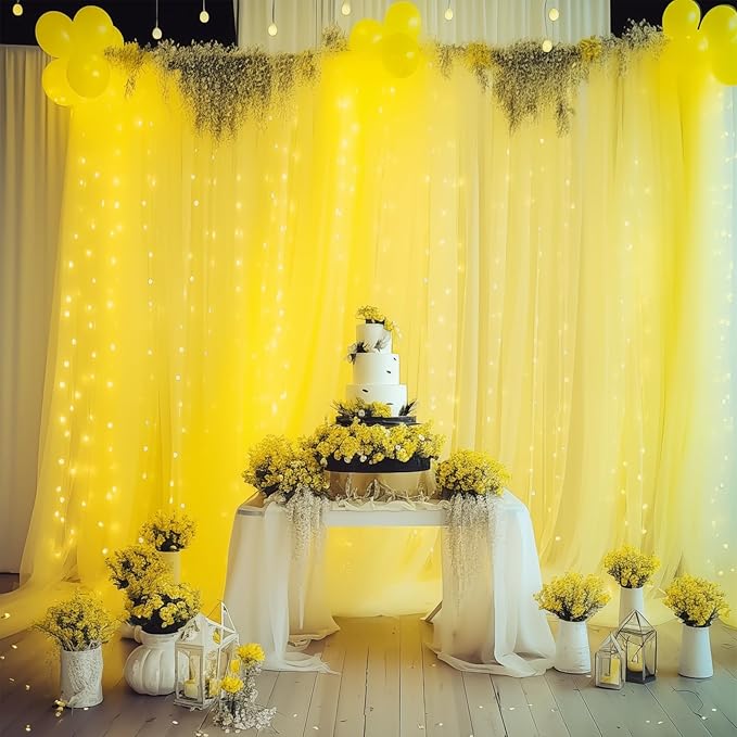 10ft x 8ft Yellow Backdrop Curtain with Lights String for Parties, Sheer Tulle Wedding Photo Backdrops Drapes for Baby Shower Birthday Party Decorations Background for Photography