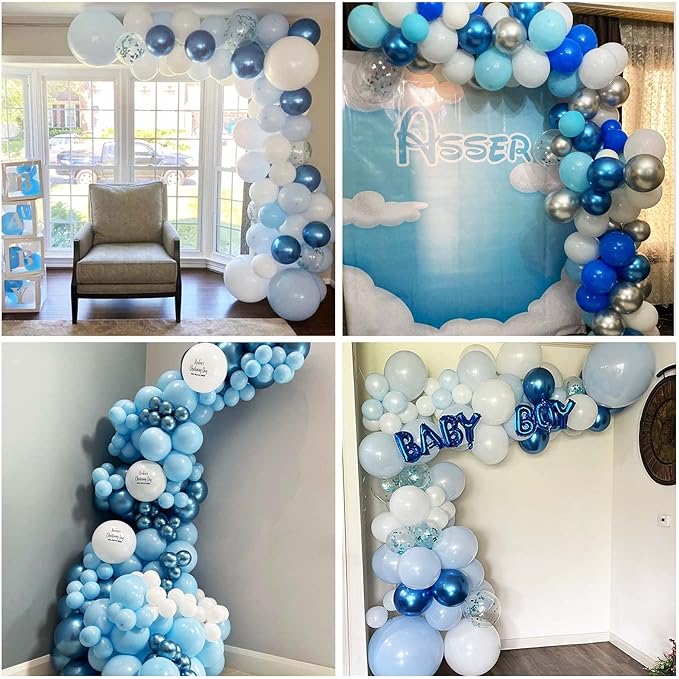 Blue and White Balloons, 12 Inch Light Blue White Latex Party Balloon Set Metallic Blue Balloons and Blue Confetti Helium Balloons for Kids Birthday Wedding Baby Shower Christening Party Decorations