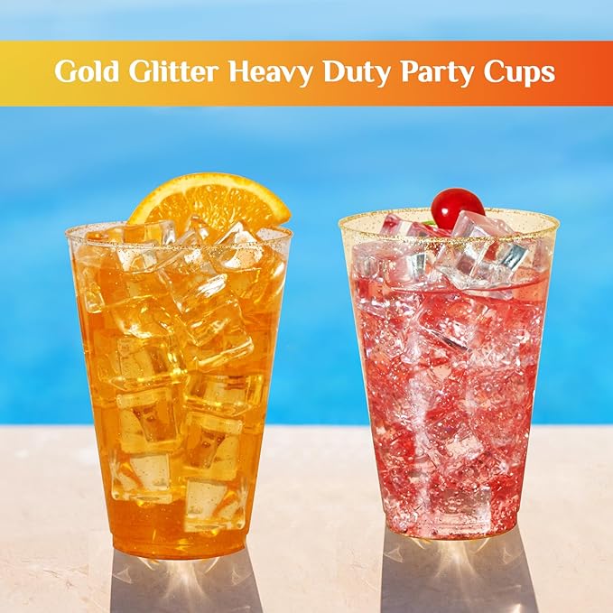 Vplus 100 Count 14 OZ Gold Glitter Heavy Duty Large Plastic Cups, Disposable Plastic Glasses Tumblers, Elegant Wedding Birthday Thanksgiving Party Cups