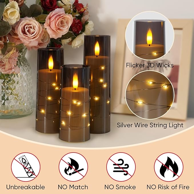 Raycare Flameless Candle with Remote Timer – 9 Flickering Acrylic Battery Operated LED Pillar Candles with Embedded Star String for Christmas, Home Decor, and as a Gift(Grey)