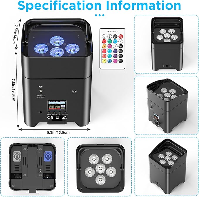 Battery Powered Uplights Rechargeable Par Can 6x18W RGBWA+UV LED Uplight 9600 mAh APP/Remote/DMX512 Control Stage Lights Uplighting Indoor for Wedding DJ Church Christmas Dance