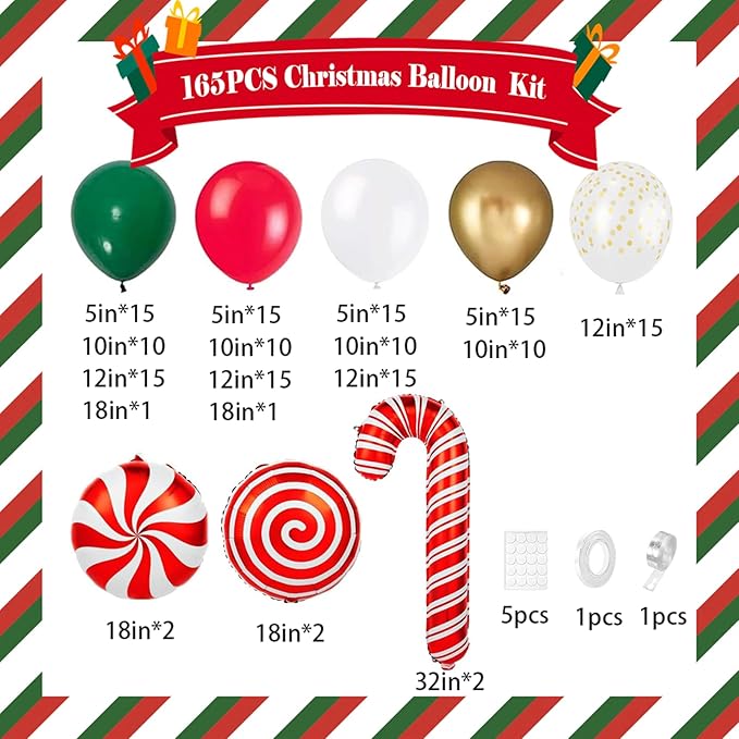 165Pcs Christmas Balloon Garland Arch Kit, Xmas Holiday Balloons Red Green White Glod Confetti Balloons with Large Candy Cane Swirl Mylar Foil Balloons, Rich for Christmas Party Decorations