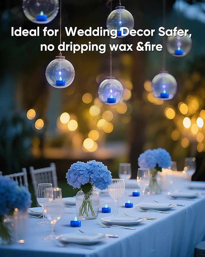 Raycare Blue Battery Operated Tea Lights, 24 Pack Long Lasting Fake Candles, Flameless LED Tea Light, Colored Tealights Candles for Wedding, Table Centerpiece, Party, Halloween, Christmas, Proposal