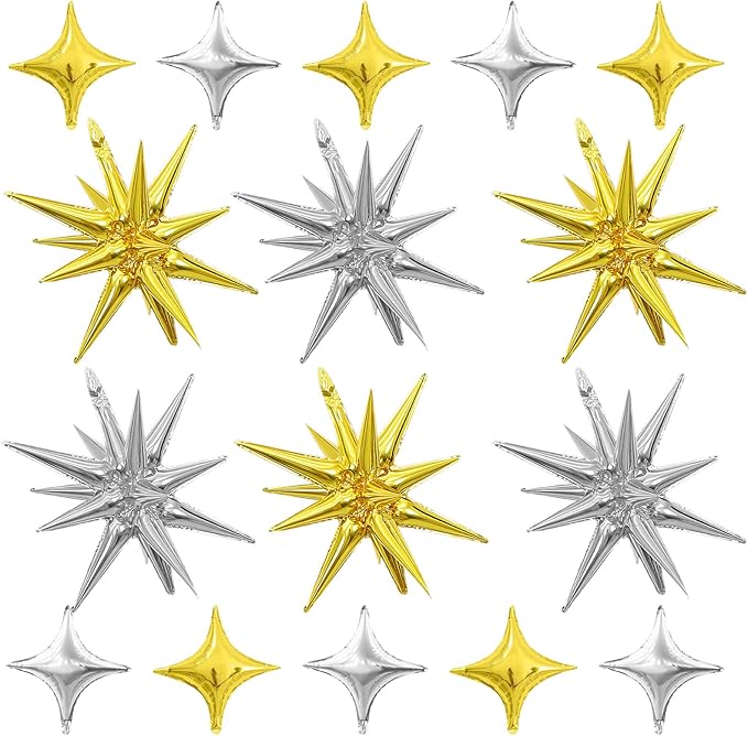 Gold Silver Star Balloons,Explosion Star Balloons Kit with 6Pcs 22Inch Cone Star Foil Balloons and 10Pcs 10Inch Four Pointed Star Balloons for Birthday Anniversary Disco Party Decorations